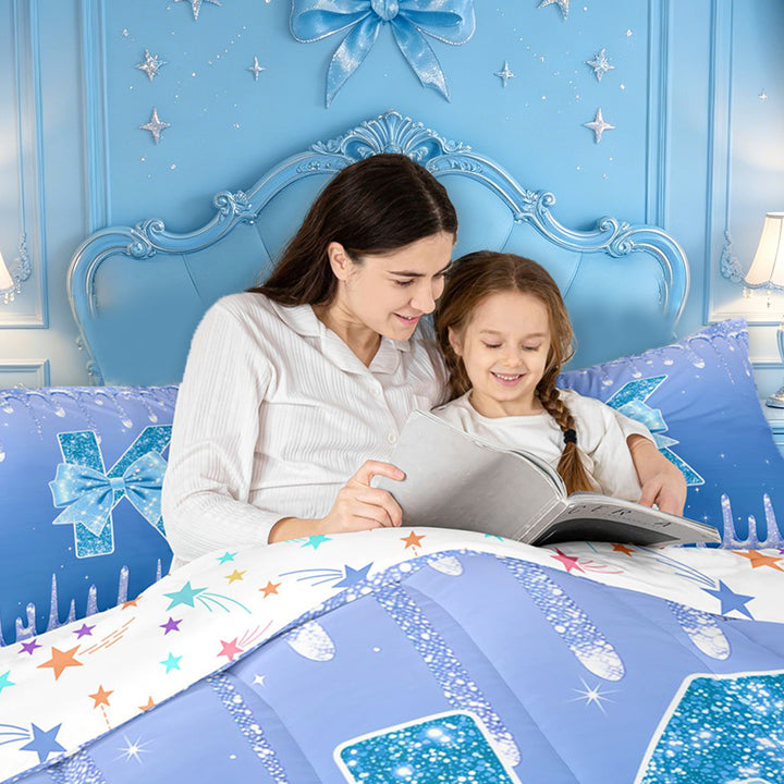 meiyoeat Blue Princess Bow 7 Pieces Full Size Bedding Sets,Blue Glitter Print Monogrammed K Letter Full Size Bed in a Bag For Girl,Colorful Stars Reversible