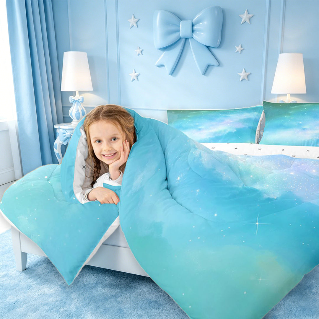 meiyoeat Teal Galaxy Star 7 Pieces Full Size Bedding Sets,Calm Magical Sky Pattern Full Size Bed in a Bag For Girl,Reversible