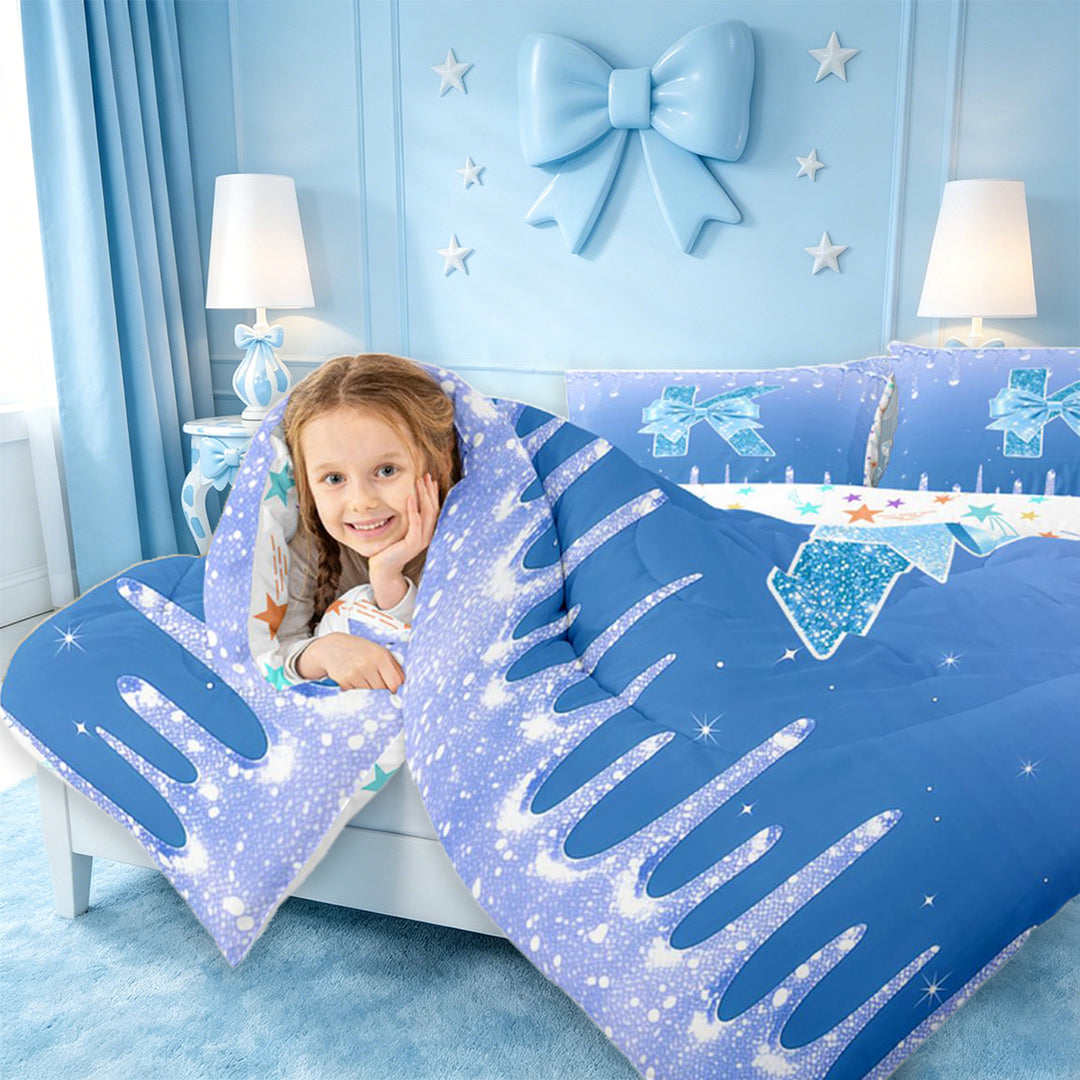 meiyoeat Blue Princess Bow 7 Pieces Full Size Bedding Sets,Blue Glitter Print Monogrammed K Letter Full Size Bed in a Bag For Girl,Colorful Stars Reversible