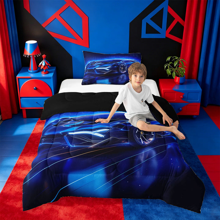 meiyoeat Blue Racing Car Full Size Comforter Sets For Boys Kids,Outdoor Extreme Sports Bedding Comforter Set For Speed Games Lovers,Black Reversible,3pcs
