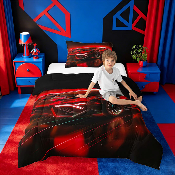 meiyoeat Red Sports Car Full Size Comforter Sets For Kids,Classic High Speed Games Bedding Comforter Set For Boys,Black Reversible,3-Piece