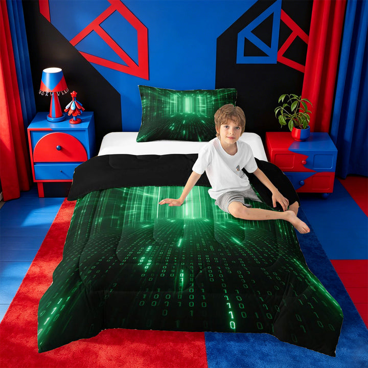 meiyoeat Modern Neon Geometric Full Size Comforter Sets For Kids,Green Plaid Buffalo Bedding Comforter Set For Boys,Black Reversible,3-Piece