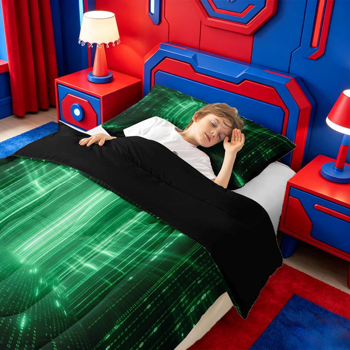 meiyoeat Modern Neon Geometric Full Size Comforter Sets For Kids,Green Plaid Buffalo Bedding Comforter Set For Boys,Black Reversible,3-Piece