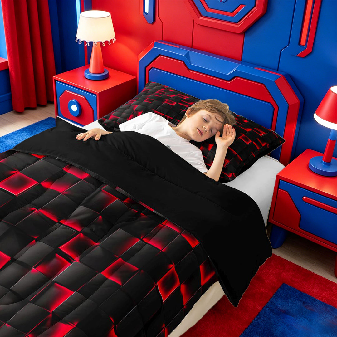 meiyoeat Red Checkered Grid Full Size Comforter Sets For Boys,3D Modern Abstract Geometric Bedding Comforter Set For Kids,Black Reversible,3pcs
