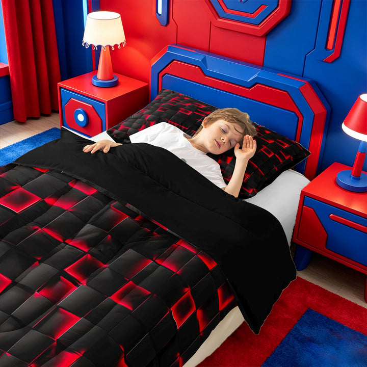 meiyoeat Red Checkered Grid Full Size Comforter Sets For Boys,3D Modern Abstract Geometric Bedding Comforter Set For Kids,Black Reversible,3pcs