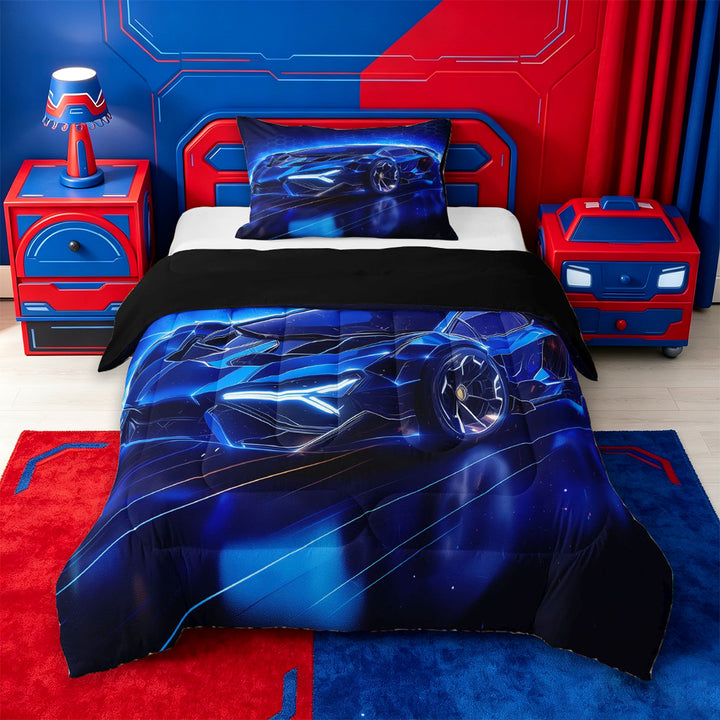 meiyoeat Blue Racing Car Full Size Comforter Sets For Boys Kids,Outdoor Extreme Sports Bedding Comforter Set For Speed Games Lovers,Black Reversible,3pcs