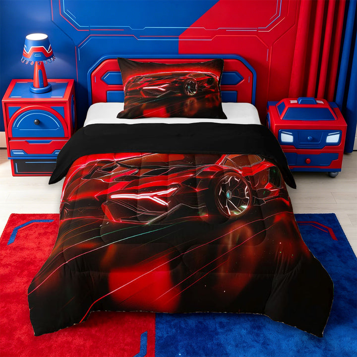 meiyoeat Red Sports Car Full Size Comforter Sets For Kids,Classic High Speed Games Bedding Comforter Set For Boys,Black Reversible,3-Piece