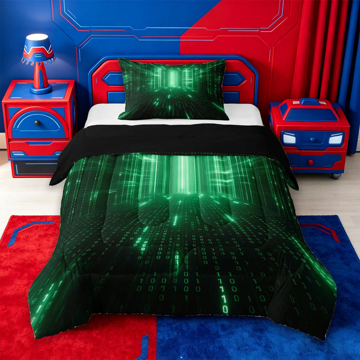 meiyoeat Modern Neon Geometric Full Size Comforter Sets For Kids,Green Plaid Buffalo Bedding Comforter Set For Boys,Black Reversible,3-Piece