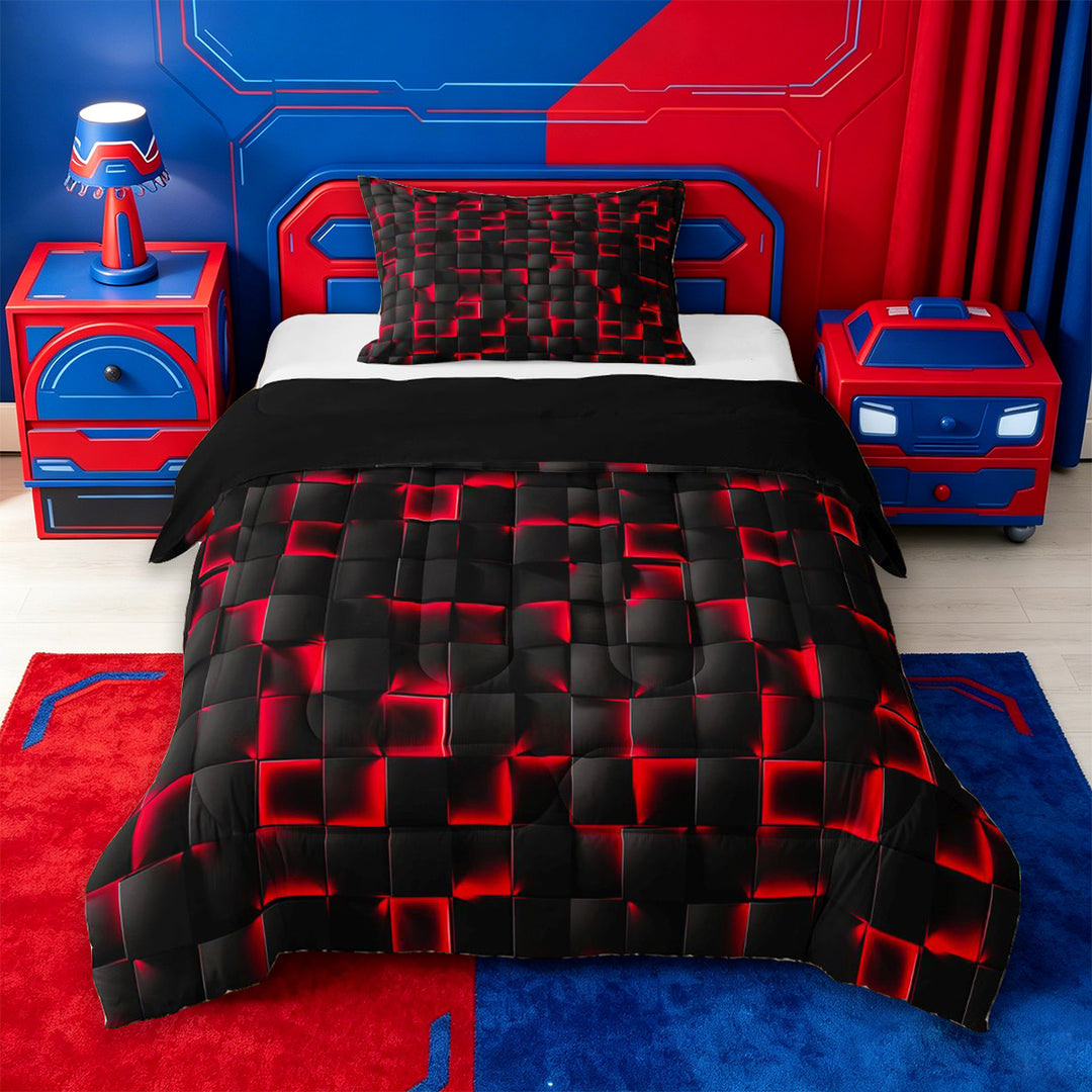 meiyoeat Red Checkered Grid Full Size Comforter Sets For Boys,3D Modern Abstract Geometric Bedding Comforter Set For Kids,Black Reversible,3pcs