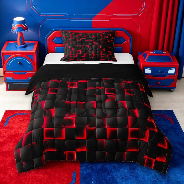 meiyoeat Red Checkered Grid Full Size Comforter Sets For Boys,3D Modern Abstract Geometric Bedding Comforter Set For Kids,Black Reversible,3pcs