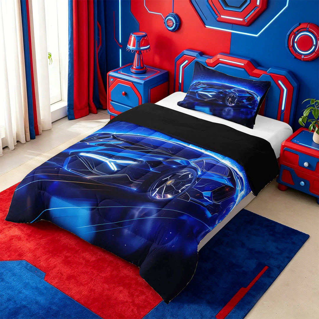 meiyoeat Blue Racing Car Full Size Comforter Sets For Boys Kids,Outdoor Extreme Sports Bedding Comforter Set For Speed Games Lovers,Black Reversible,3pcs