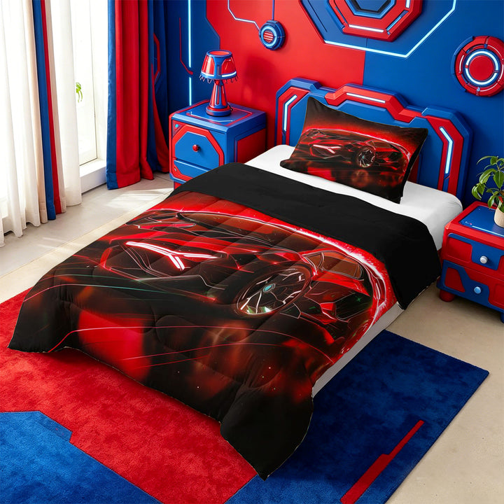 meiyoeat Red Sports Car Full Size Comforter Sets For Kids,Classic High Speed Games Bedding Comforter Set For Boys,Black Reversible,3-Piece