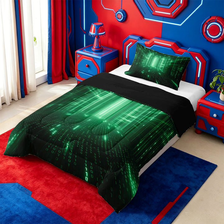 meiyoeat Modern Neon Geometric Full Size Comforter Sets For Kids,Green Plaid Buffalo Bedding Comforter Set For Boys,Black Reversible,3-Piece