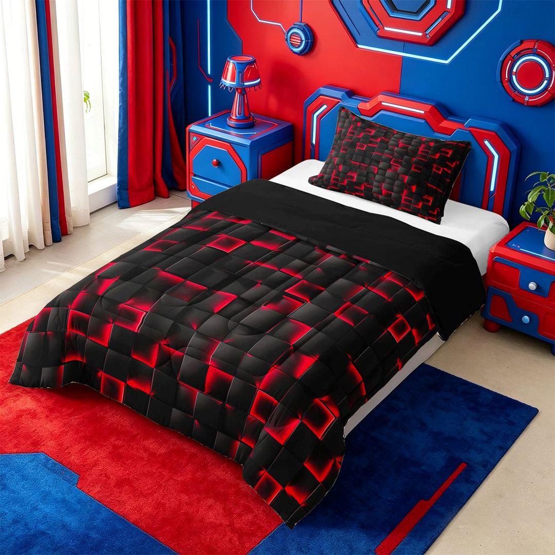 meiyoeat Red Checkered Grid Full Size Comforter Sets For Boys,3D Modern Abstract Geometric Bedding Comforter Set For Kids,Black Reversible,3pcs