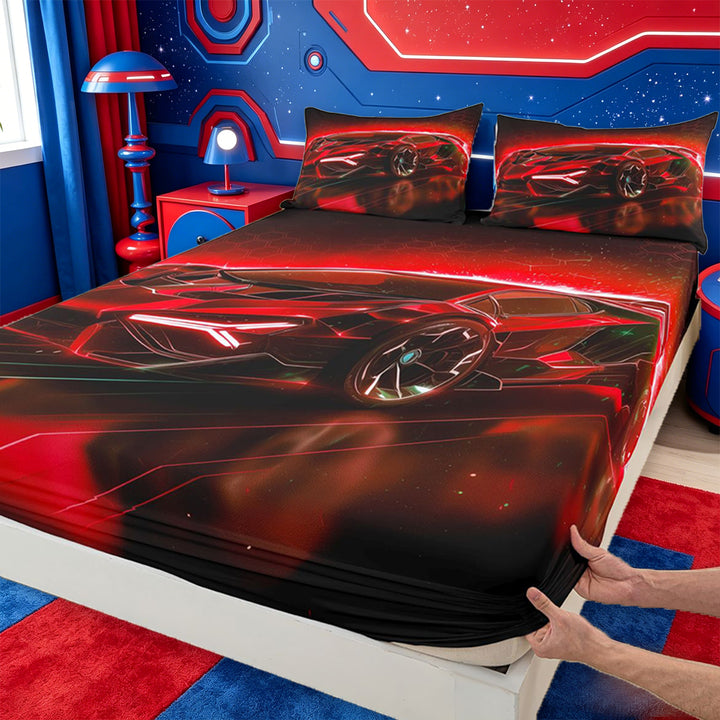 meiyoeat Red Sports Car Bed Sheets For Kids,Classic High Speed Games Full Size Sheets For Boys,4-Piece