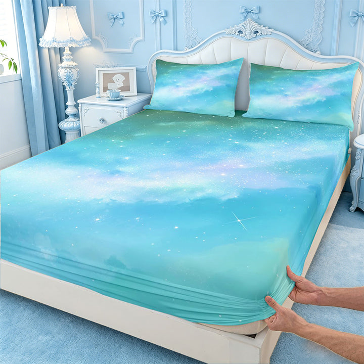 meiyoeat Teal Galaxy Star Bed Sheets,Calm Magical Sky Pattern Full Size Sheets For Girl,4 Pieces,1 Flat Sheet,1 Fitted Sheet and 2 Pillowcases
