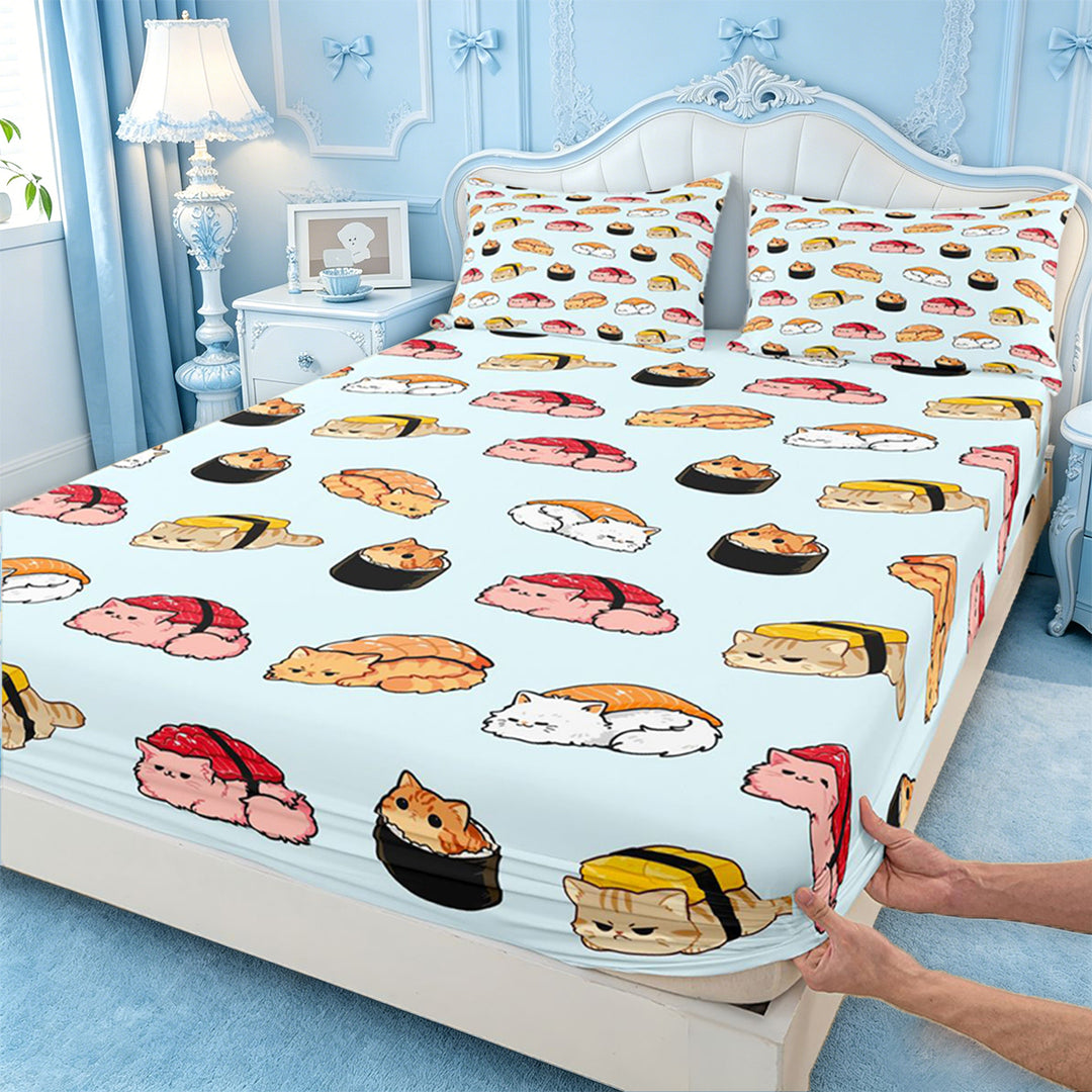 meiyoeat Sushi Cat Print Bed Sheets,Cute Food Pattern Full Size Sheets For Girl,4-Piece,1 Flat Sheet,1 Fitted Sheet and 2 Pillowcases