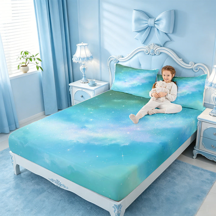 meiyoeat Teal Galaxy Star Bed Sheets,Calm Magical Sky Pattern Full Size Sheets For Girl,4 Pieces,1 Flat Sheet,1 Fitted Sheet and 2 Pillowcases