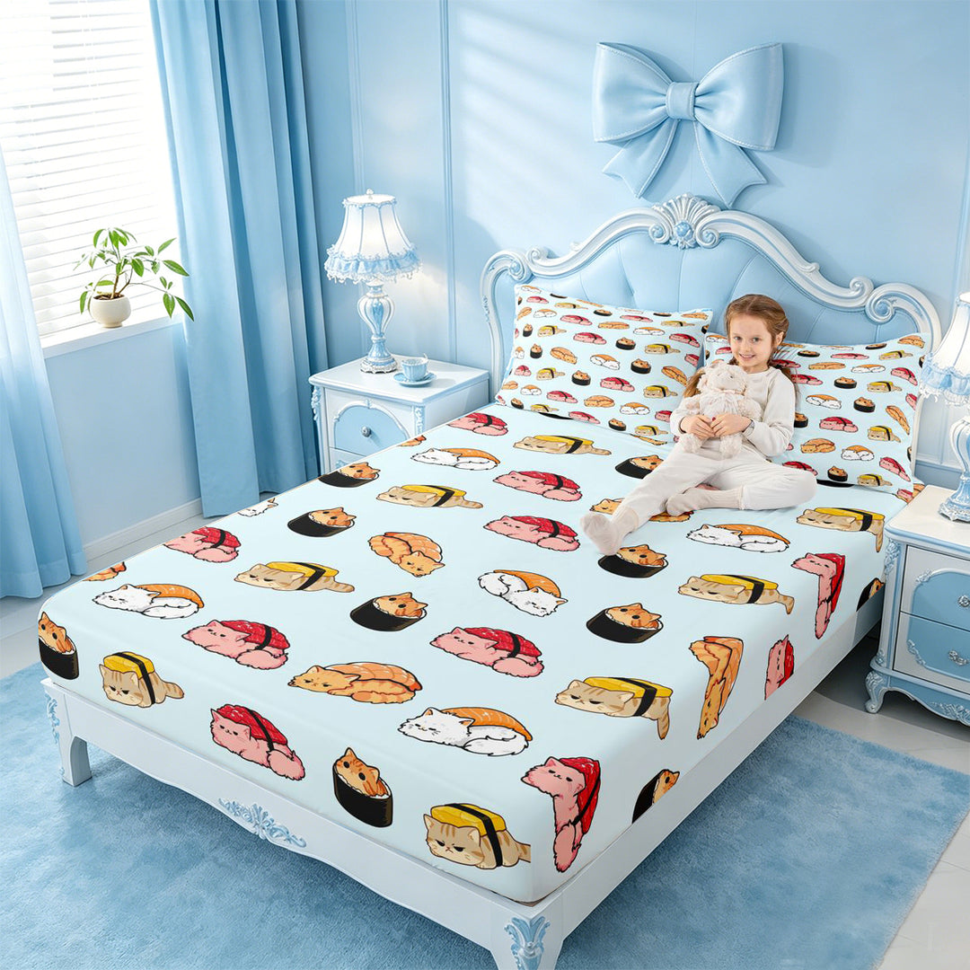 meiyoeat Sushi Cat Print Bed Sheets,Cute Food Pattern Full Size Sheets For Girl,4-Piece,1 Flat Sheet,1 Fitted Sheet and 2 Pillowcases