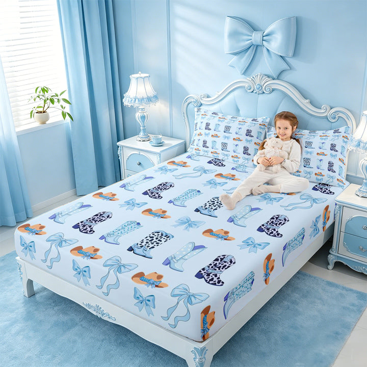 meiyoeat Blue Coquette Bow Bed Sheets,Western Cow Print Cowgirl Boots Full Size Sheets For Girl,4pcs,1 Flat Sheet,1 Fitted Sheet and 2 Pillowcases