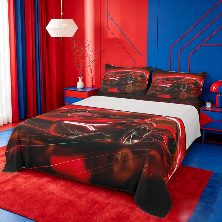 meiyoeat Red Sports Car Bed Sheets For Kids,Classic High Speed Games Full Size Sheets For Boys,4-Piece