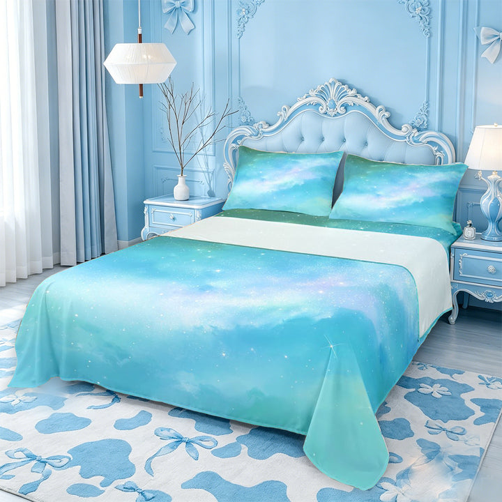 meiyoeat Teal Galaxy Star Bed Sheets,Calm Magical Sky Pattern Full Size Sheets For Girl,4 Pieces,1 Flat Sheet,1 Fitted Sheet and 2 Pillowcases