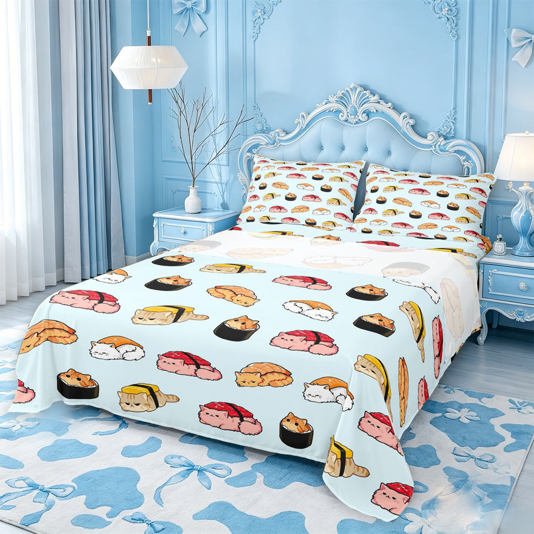 meiyoeat Sushi Cat Print Bed Sheets,Cute Food Pattern Full Size Sheets For Girl,4-Piece,1 Flat Sheet,1 Fitted Sheet and 2 Pillowcases