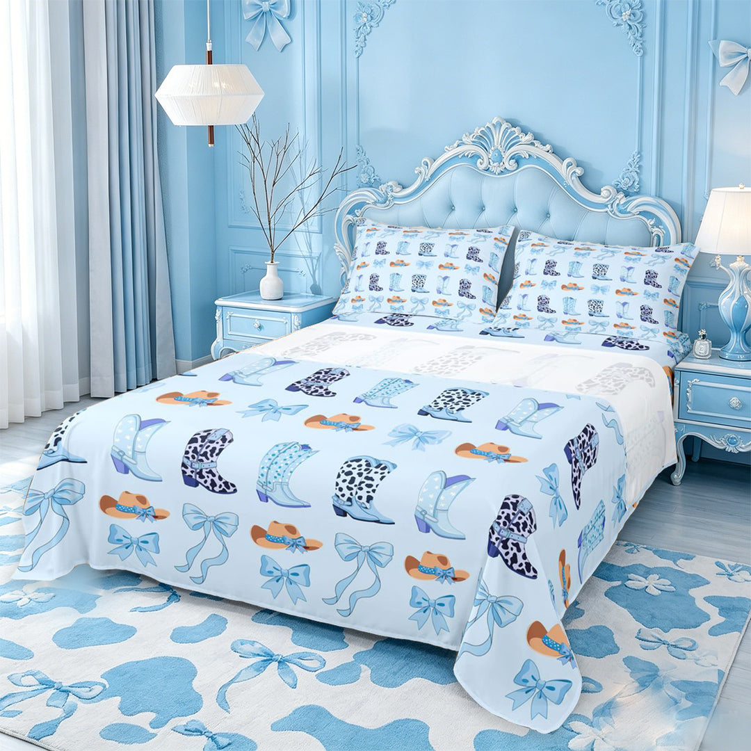 meiyoeat Blue Coquette Bow Bed Sheets,Western Cow Print Cowgirl Boots Full Size Sheets For Girl,4pcs,1 Flat Sheet,1 Fitted Sheet and 2 Pillowcases