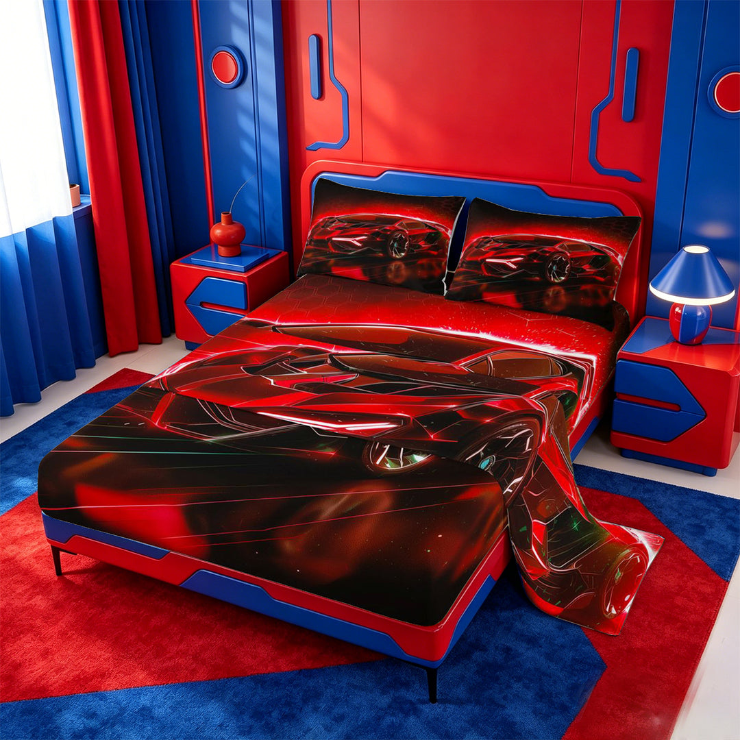 meiyoeat Red Sports Car Bed Sheets For Kids,Classic High Speed Games Full Size Sheets For Boys,4-Piece