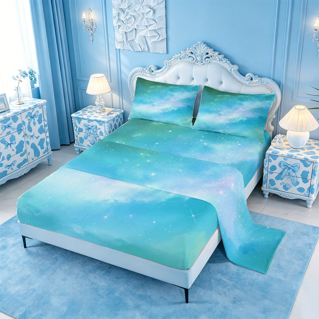 meiyoeat Teal Galaxy Star Bed Sheets,Calm Magical Sky Pattern Full Size Sheets For Girl,4 Pieces,1 Flat Sheet,1 Fitted Sheet and 2 Pillowcases