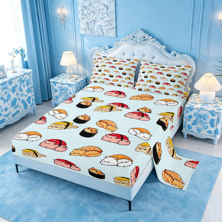 meiyoeat Sushi Cat Print Bed Sheets,Cute Food Pattern Full Size Sheets For Girl,4-Piece,1 Flat Sheet,1 Fitted Sheet and 2 Pillowcases