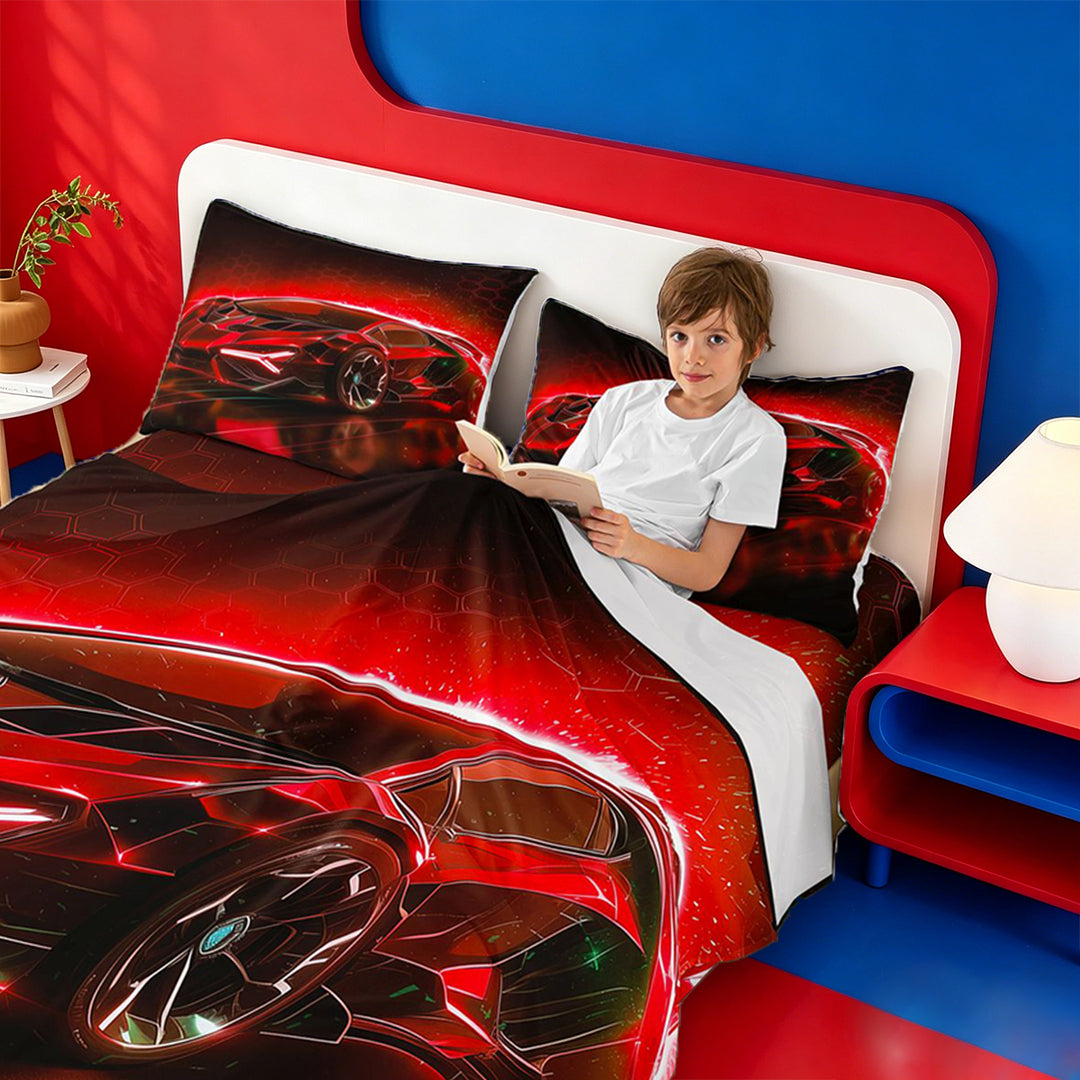 meiyoeat Red Sports Car Bed Sheets For Kids,Classic High Speed Games Full Size Sheets For Boys,4-Piece