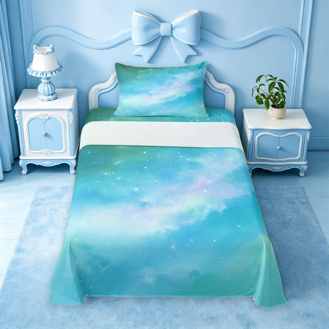 meiyoeat Teal Galaxy Star Bed Sheets,Calm Magical Sky Pattern Full Size Sheets For Girl,4 Pieces,1 Flat Sheet,1 Fitted Sheet and 2 Pillowcases