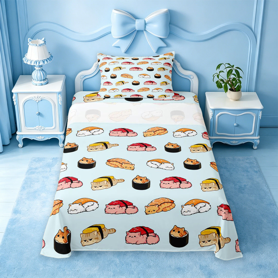 meiyoeat Sushi Cat Print Bed Sheets,Cute Food Pattern Full Size Sheets For Girl,4-Piece,1 Flat Sheet,1 Fitted Sheet and 2 Pillowcases