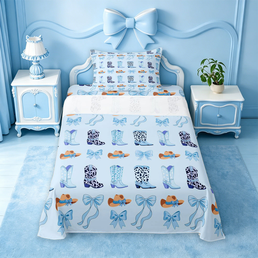 meiyoeat Blue Coquette Bow Bed Sheets,Western Cow Print Cowgirl Boots Full Size Sheets For Girl,4pcs,1 Flat Sheet,1 Fitted Sheet and 2 Pillowcases