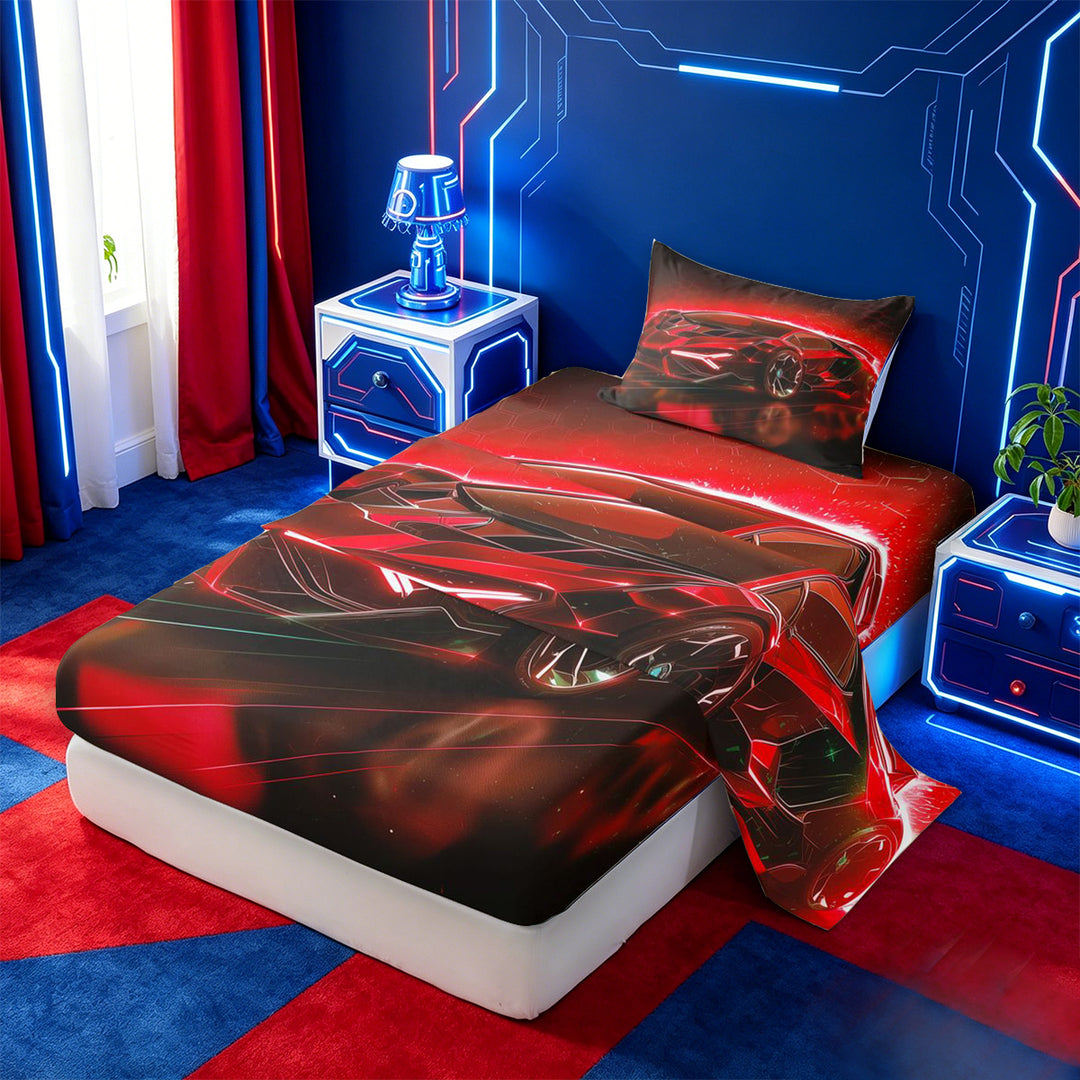 meiyoeat Red Sports Car Bed Sheets For Kids,Classic High Speed Games Full Size Sheets For Boys,4-Piece