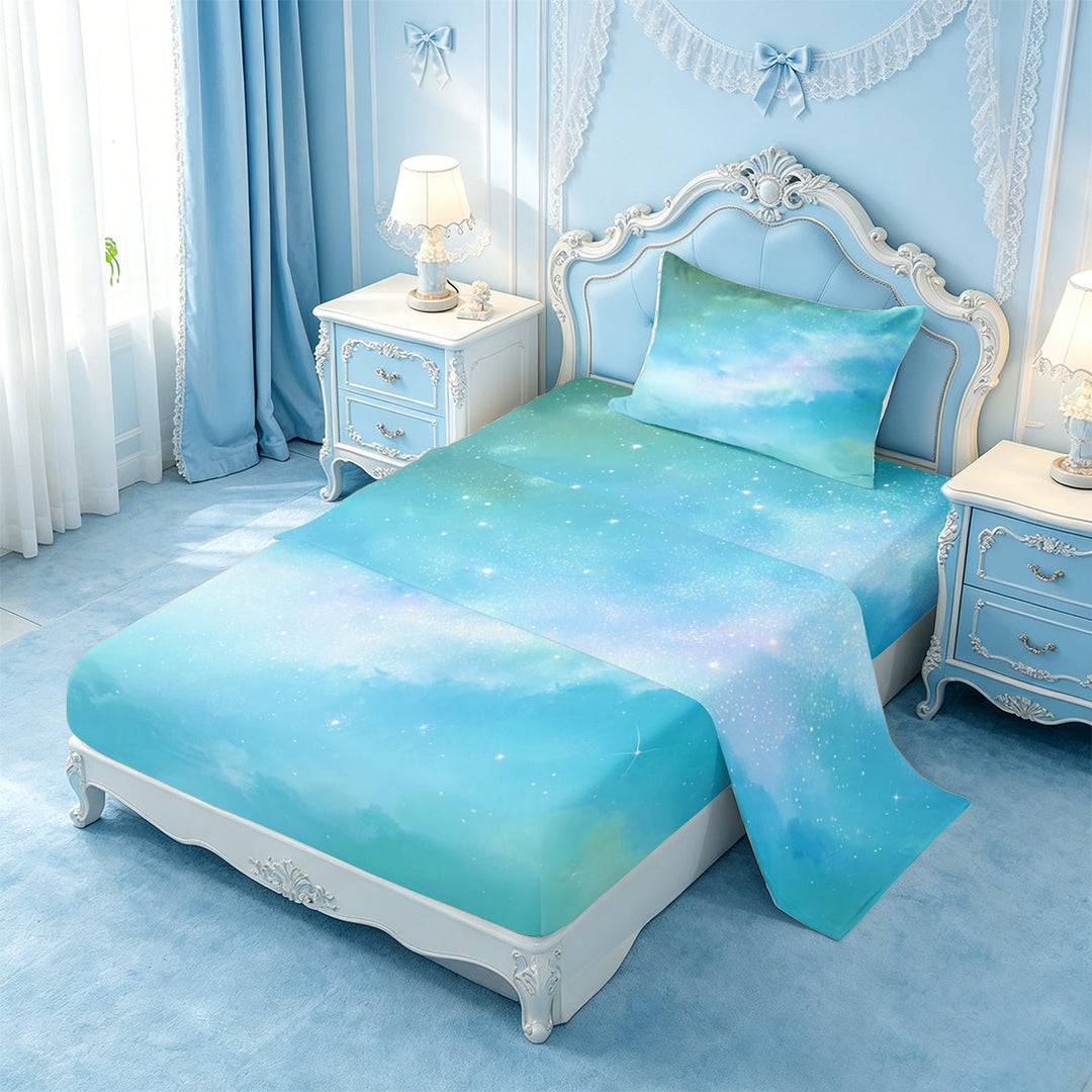 meiyoeat Teal Galaxy Star Bed Sheets,Calm Magical Sky Pattern Full Size Sheets For Girl,4 Pieces,1 Flat Sheet,1 Fitted Sheet and 2 Pillowcases