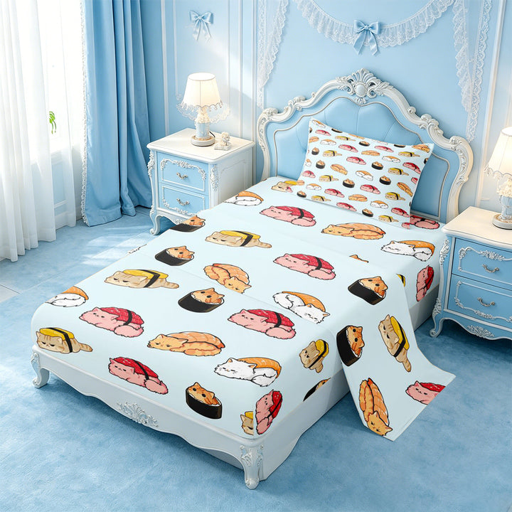 meiyoeat Sushi Cat Print Bed Sheets,Cute Food Pattern Full Size Sheets For Girl,4-Piece,1 Flat Sheet,1 Fitted Sheet and 2 Pillowcases