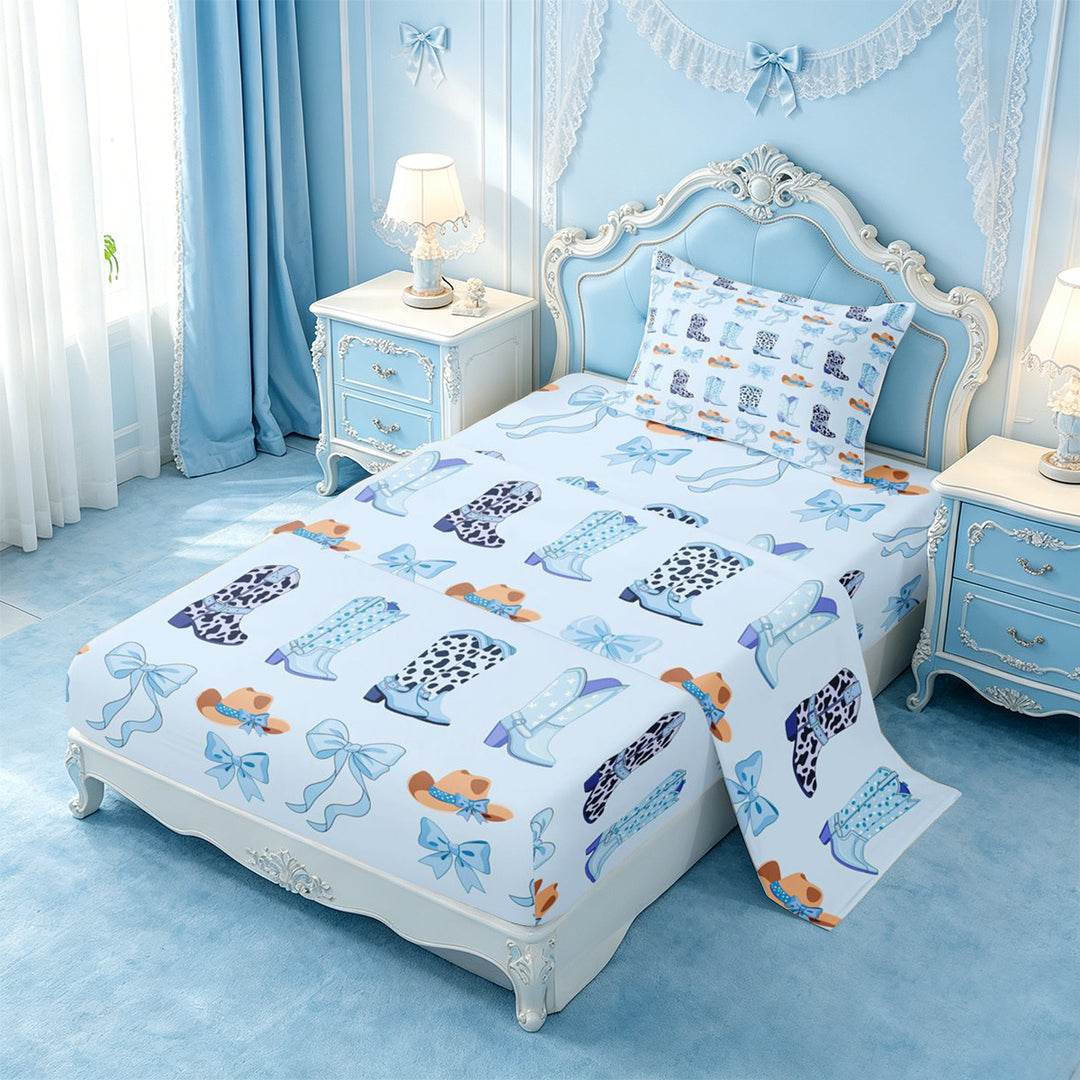 meiyoeat Blue Coquette Bow Bed Sheets,Western Cow Print Cowgirl Boots Full Size Sheets For Girl,4pcs,1 Flat Sheet,1 Fitted Sheet and 2 Pillowcases