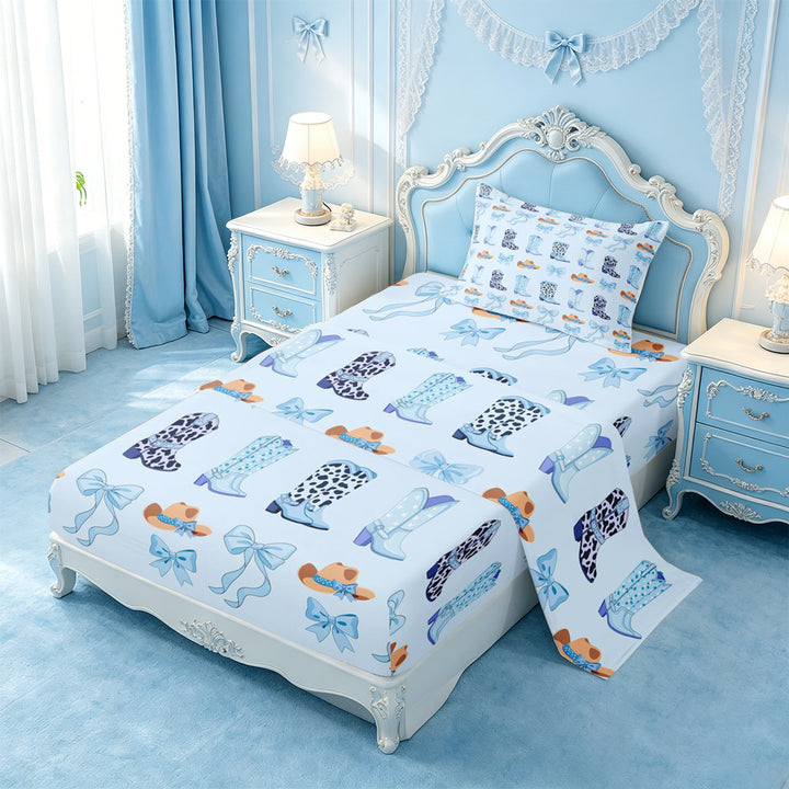 meiyoeat Blue Coquette Bow Bed Sheets,Western Cow Print Cowgirl Boots Full Size Sheets For Girl,4pcs,1 Flat Sheet,1 Fitted Sheet and 2 Pillowcases