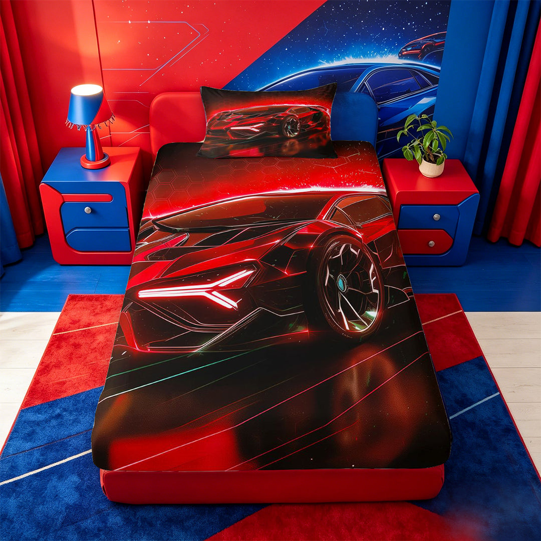 meiyoeat Red Sports Car Bed Sheets For Kids,Classic High Speed Games Full Size Sheets For Boys,4-Piece