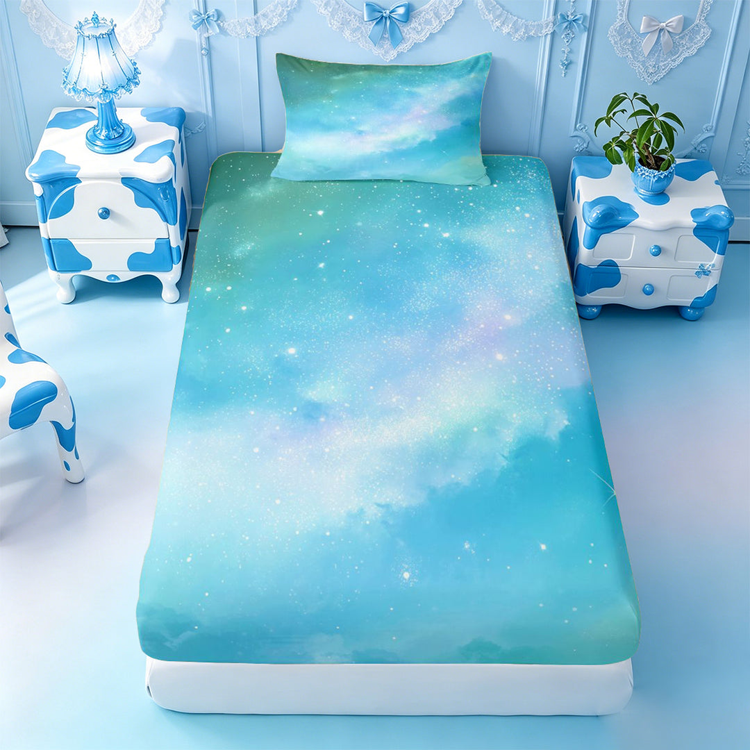 meiyoeat Teal Galaxy Star Bed Sheets,Calm Magical Sky Pattern Full Size Sheets For Girl,4 Pieces,1 Flat Sheet,1 Fitted Sheet and 2 Pillowcases