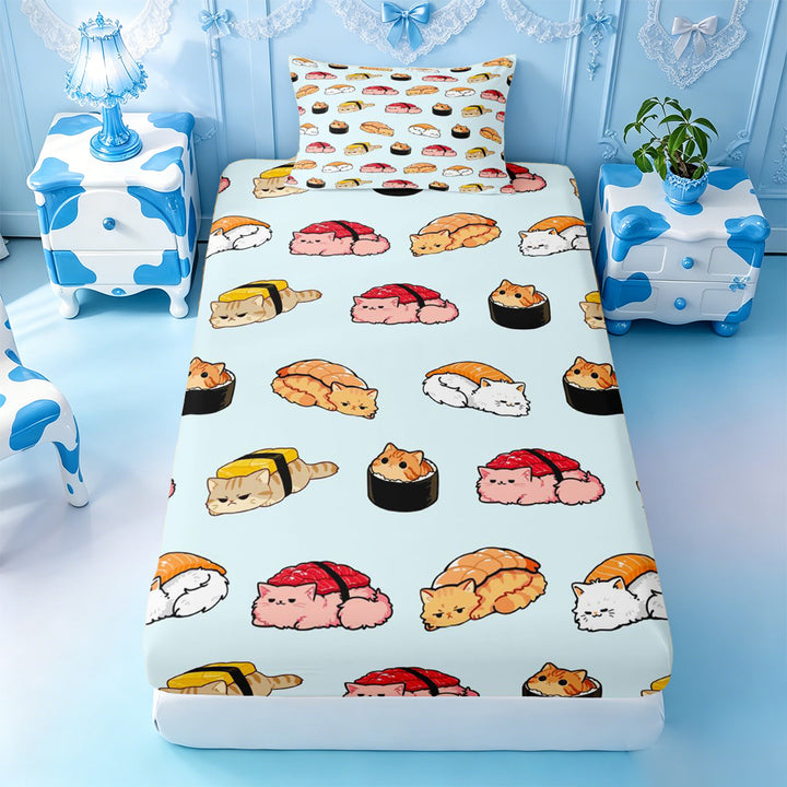 meiyoeat Sushi Cat Print Bed Sheets,Cute Food Pattern Full Size Sheets For Girl,4-Piece,1 Flat Sheet,1 Fitted Sheet and 2 Pillowcases