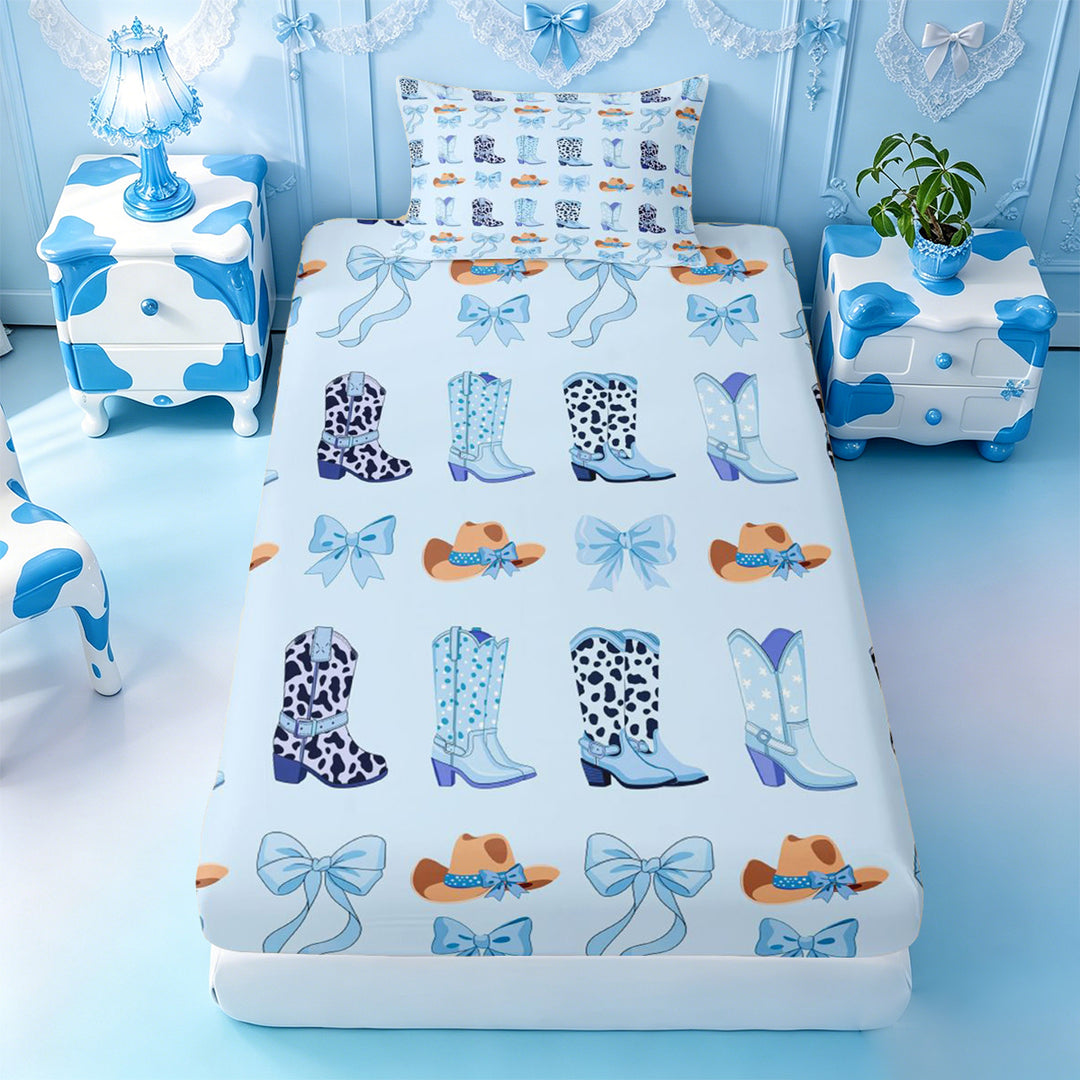 meiyoeat Blue Coquette Bow Bed Sheets,Western Cow Print Cowgirl Boots Full Size Sheets For Girl,4pcs,1 Flat Sheet,1 Fitted Sheet and 2 Pillowcases