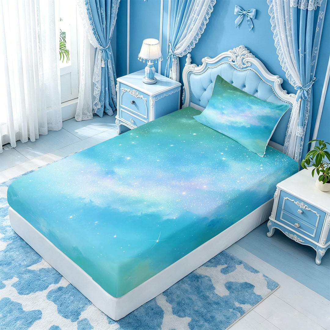 meiyoeat Teal Galaxy Star Bed Sheets,Calm Magical Sky Pattern Full Size Sheets For Girl,4 Pieces,1 Flat Sheet,1 Fitted Sheet and 2 Pillowcases
