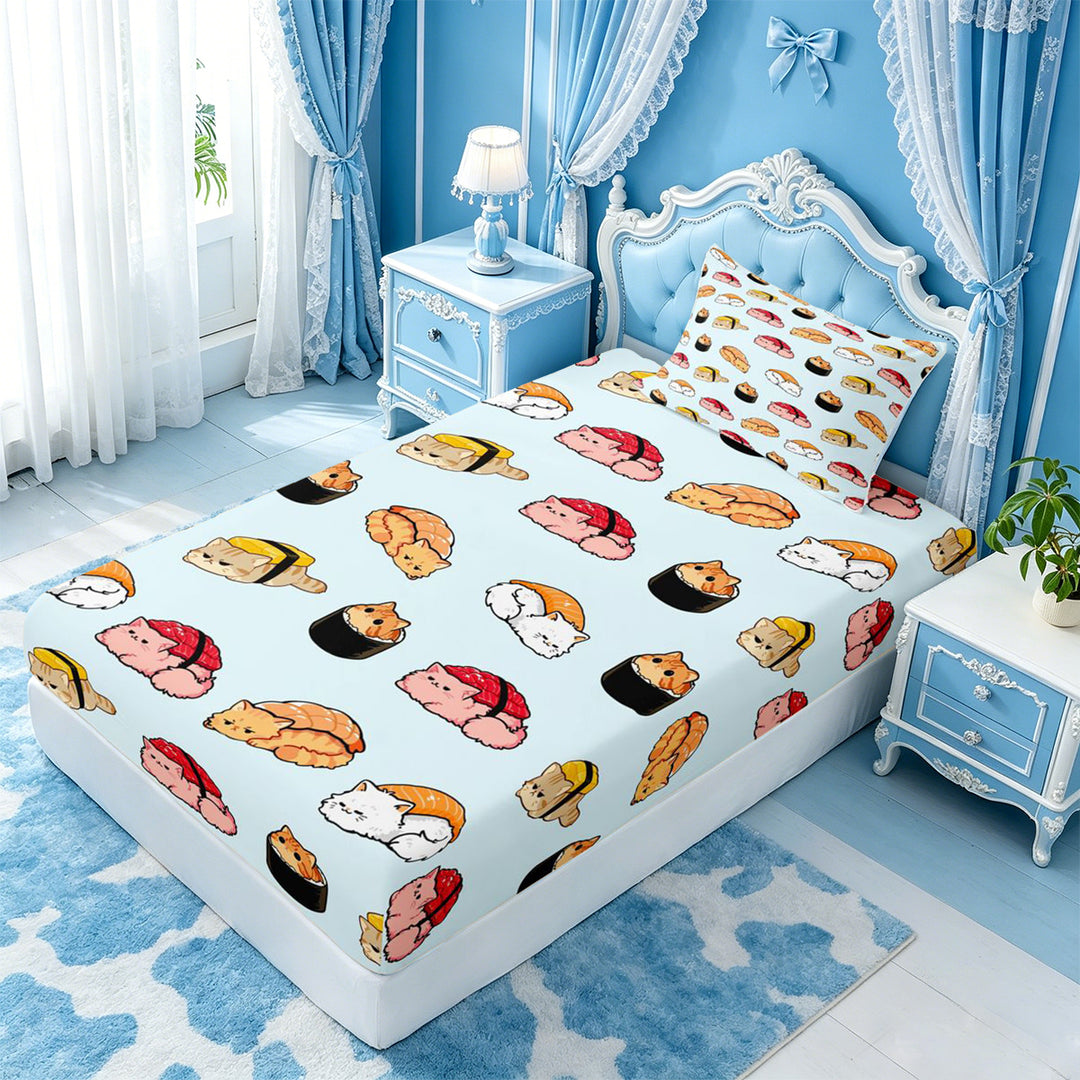 meiyoeat Sushi Cat Print Bed Sheets,Cute Food Pattern Full Size Sheets For Girl,4-Piece,1 Flat Sheet,1 Fitted Sheet and 2 Pillowcases