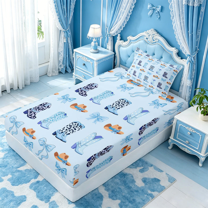 meiyoeat Blue Coquette Bow Bed Sheets,Western Cow Print Cowgirl Boots Full Size Sheets For Girl,4pcs,1 Flat Sheet,1 Fitted Sheet and 2 Pillowcases