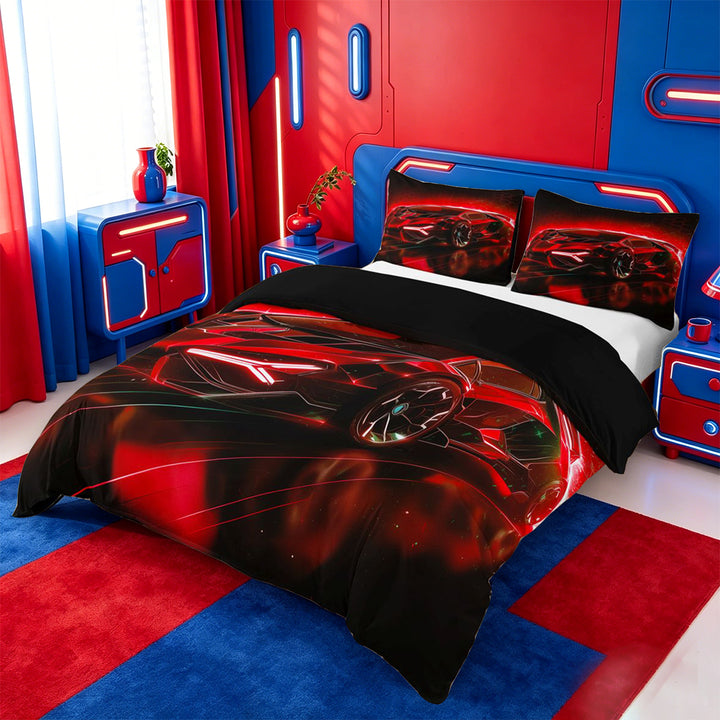 meiyoeat Red Sports Car Bedding For Kids,Classic High Speed Games Duvet Cover Full For Boys,Black Reversible,3-Piece(No Comforter)