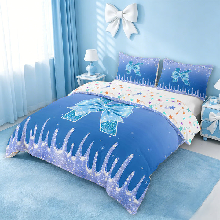 meiyoeat Blue Princess Bow Bedding,Blue Glitter Print Monogrammed K Letter Duvet Cover Full For Girl,Colorful Stars Reversible,3 Pieces,1 Duvet Cover and 2 Pillowcases
