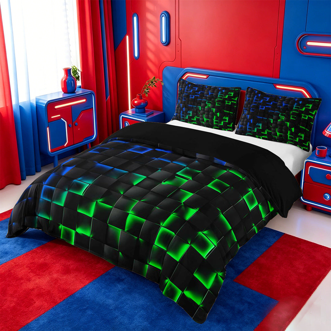meiyoeat 3D Buffalo Plaid Bedding For Kids,Green Blue Geometric Pattern Duvet Cover Full For Boys,Black Reversible,3 Pieces(No Comforter)